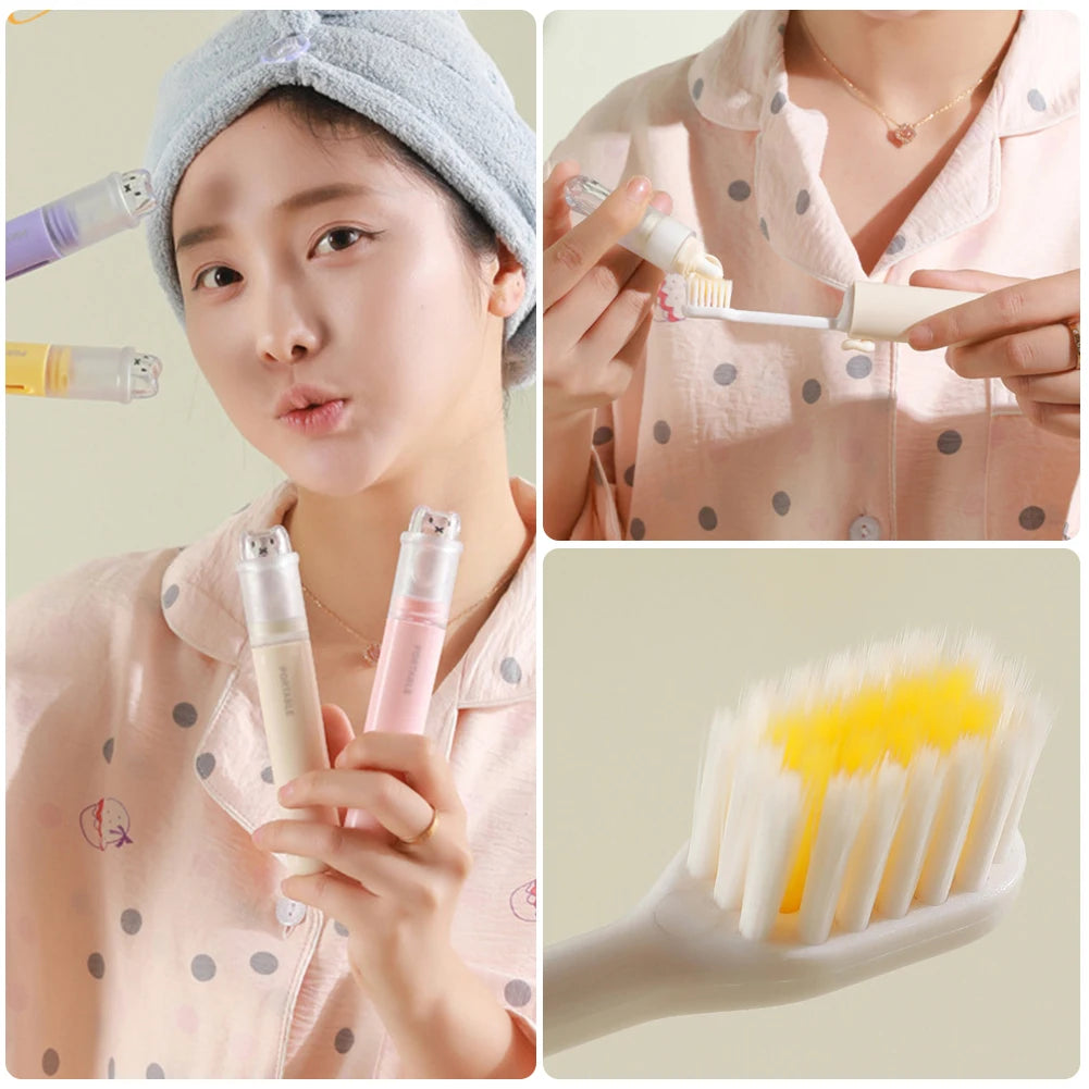 Cute 2 in 1 Foldable Travel Toothbrush Portable Toothpaste Storage Soft Bristle Toothbrush with Bear Dust Cover